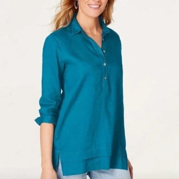 J Jill Linen turquoise tunic blouse high low size S - Picture 1 of 13